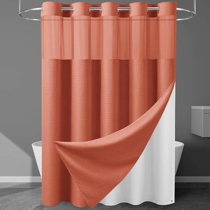 EUTXL 256GSM Heavyweight Hotel Shower Curtain with Detachable Liner - Waffle Textured,Hotel Grade,Spa Like Bath Curtain,71W x 74H,Coral
