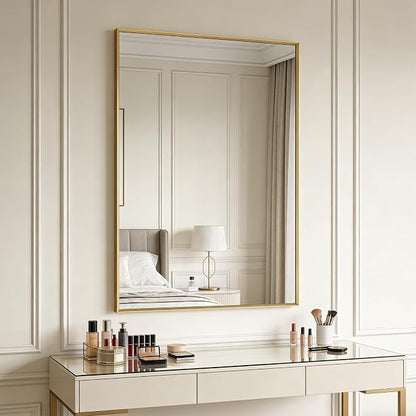 Bathroom Wall Mirror, 40" x 30" Brushed Gold Vanity Mirror for Over Sink | Rectanglar Sleek Beveled Framed Mirror for Over Sink, Tempered Glass, Anti-Rust, Hangs Horizontally or Vertically
