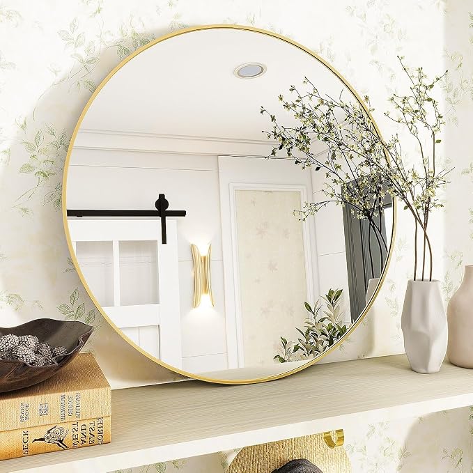 Gold Round Bathroom Mirror 24", Thin Metal Frame Wall Mirror | Circle Vanity Mirror for Over Sink, Hanging or Leaning Decor for Hallway, Entryway, Fireplace Mantel, Living Room