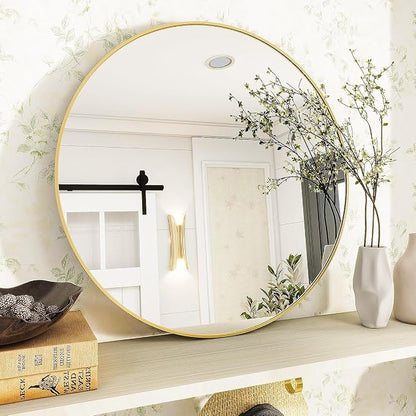 Gold Round Bathroom Mirror 24", Thin Metal Frame Wall Mirror | Circle Vanity Mirror for Over Sink, Hanging or Leaning Decor for Hallway, Entryway, Fireplace Mantel, Living Room