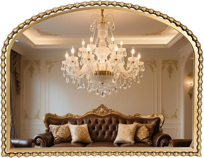 36"x28" Wide Arched Wall Mirror, Antique Gold Bold Beaded Frame | Large statement mirror for fireplace mantel, vintage decorative horizontal wall mount for entryway, living room, bathroom