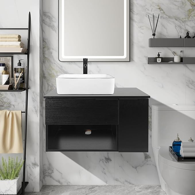 28 Inch Black Floating Bathroom Vanity with 1-Door and 1-Drawer, Modern Wall Mounted Cabinet Without Sink