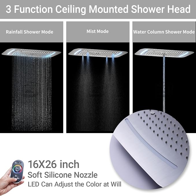 3 Functions Shower Head System Brushed Nickel Shower Faucet Set | 16X26 inch Ceiling Shower, 6 Body Jet, Handheld Shower, Temperature Display, 5 Functions Can All Run Together