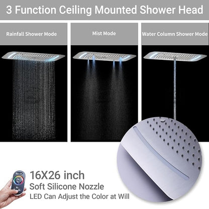 3 Functions Shower Head System Brushed Nickel Shower Faucet Set | 16X26 inch Ceiling Shower, 6 Body Jet, Handheld Shower, Temperature Display, 5 Functions Can All Run Together