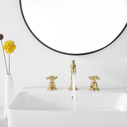 GGStudy 8-16 inch Two Handles 3 Holes Widespread Bathroom Sink Faucet Gold Basin Mixer Tap Faucet Matching Metal Pop Up Drain with Overflow