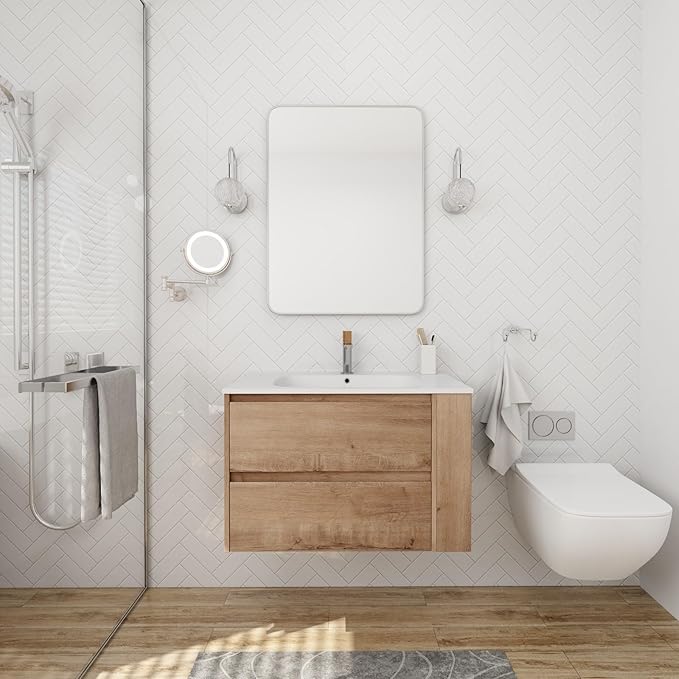 Henf 30 Inch Wall Mount Bathroom Vanity W/Sink Combo, Modern Design Vanity Cabinet with Gel Basin, Floating Mounting Bathroom Cabinet Set with 2 Drawer and Adjustable Storage Shelf, Oak