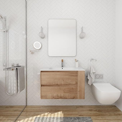 Henf 30 Inch Wall Mount Bathroom Vanity W/Sink Combo, Modern Design Vanity Cabinet with Gel Basin, Floating Mounting Bathroom Cabinet Set with 2 Drawer and Adjustable Storage Shelf, Oak