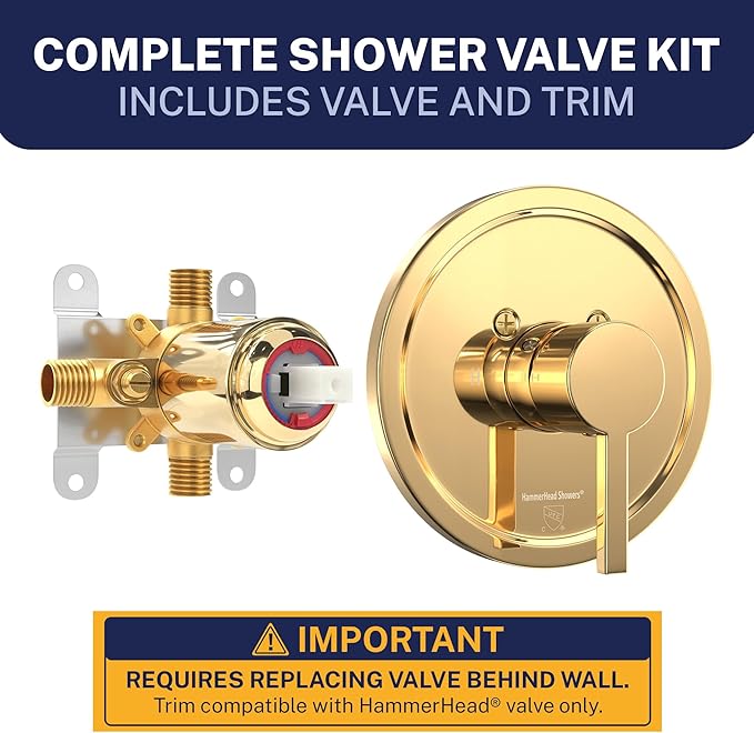 HammerHead Showers Solid Metal Single-Handle Trim Kit with Rough-In Shower Valve, Volume and Temperature Control, Pressure Balance, Polished Brass