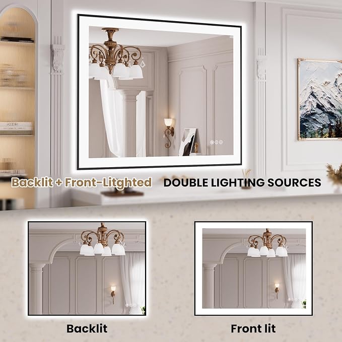 LOAAO 40"X32" LED Bathroom Mirror Black Framed | Anti-Fog, Dimmable, Memory Function, Tempered Glass, Lighted Vanity Mirror for Wall