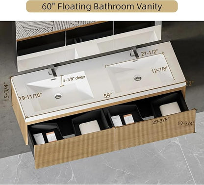 60'' Floating Bathroom Vanity with Sink, Wall-Mounted Bathroom Storage Cabinet with 2 Soft-Close Striped Drawers & Double Solid Surface Basins, Natural Oak Body with Internal Handle, Wood