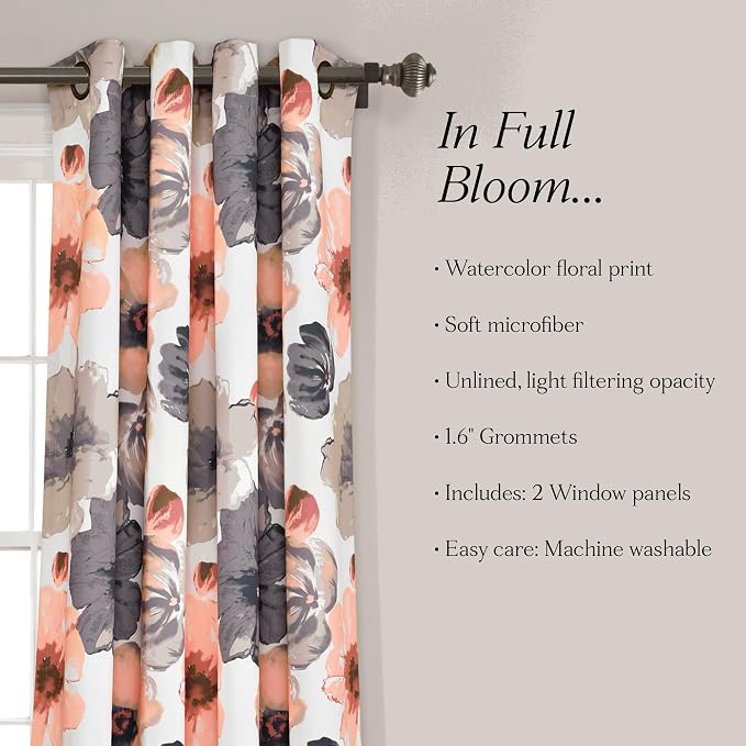 Lush Decor Leah Light Filtering Window Curtain Panels, Pair, 52" W x 63" L, Coral & Gray - Floral Drapes for Bedroom - Coral Curtains - Farmhouse Decor