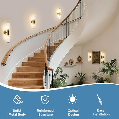 Modern Brushed Brass Vanity Light Fixture 1 Pack, Dual Glass Rods Wall Sconce for Bathroom, Double Light Socket E12 Candelabra Base, Mirror Vanity Lighting (Bulbs Not Included)