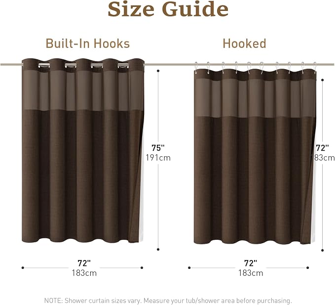 Brown Ringless Linen Textured Shower Curtain with Snap in Liner, 72x75 | 3 in 1 Hotel Shower Curtain Set, Removable Liner, Waterproof & Washable, Mesh Top Window, Durable Fabric, Easy to Install