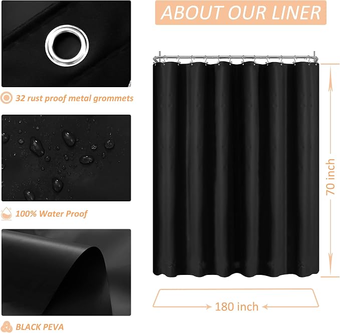 Mrs Awesome 180x70 Extra Wide Size Shower Curtain Liner Black | 12 Bottom Magnets,36 Hooks,32 Rustproof Grommets,Water Proof Heavy Duty PEVA,180W x 70H for Clawfoot Bathtub