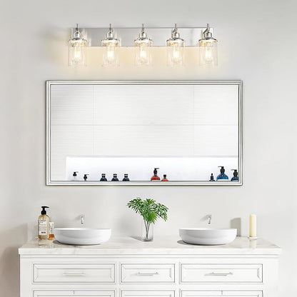 5-Light Brushed Nickel Bathroom Light Fixture Over Mirror Modern Bathroom Vanity Light Vintage Wall Lighting with Clear Glass Shade for Bathroom, Bedroom, Hallway, Cabinet