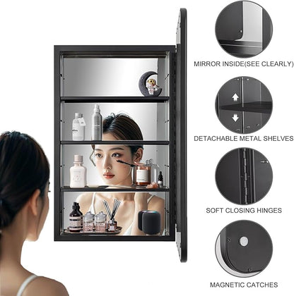 Black Bathroom Medicine Cabinet with Mirror 17 x 27 Metal Frame Recessed Or Wall Mounted Single Door Storage Medicine Cabinets with Adjustable Shelves Rounded Corner Beveled Mirrors