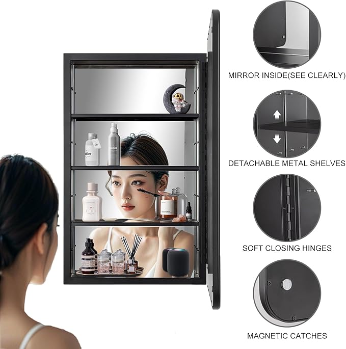 Black Bathroom Medicine Cabinet with Mirror 16 x 24 Metal Frame Recessed Or Wall Mounted Single Door Storage Medicine Cabinet with Adjustable Shelves Rounded Rectangle Beveled Mirror