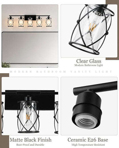 5-Light Matte Black Bathroom Light Fixtures Over Mirror, 38" UL-Listed Modern Wall Sconce Lights with Clear Glass and Metal Cage for Bath, Hardwire E26, CH9176BK-5W