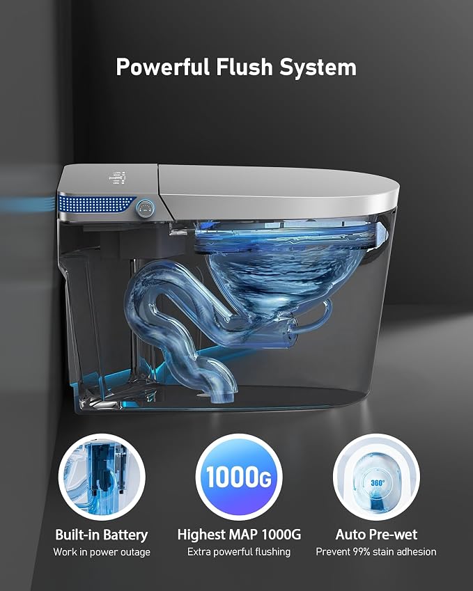 Smart Toilet with Bidet Built-in: Toilet Bidet with 4 Wash Modes, Dryer, Child Seat, One Piece Toilet with Auto Flush Lid&Seat, Dual Flush, UV-C Night Light, Remote, Foot Sensor, Heated Seat