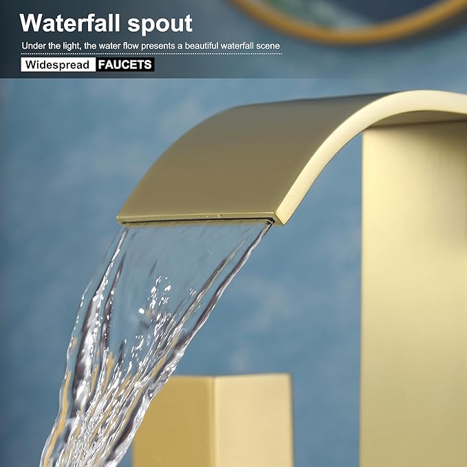 Bathroom Faucets 3 Hole, Brushed Gold 8 inch Widespread Bathroom Sink Faucet, Modern Square Metal 2 Handles Waterfall Bathroom Vanity Faucet 3 Hole with Pop Up Drain, Gold Faucets