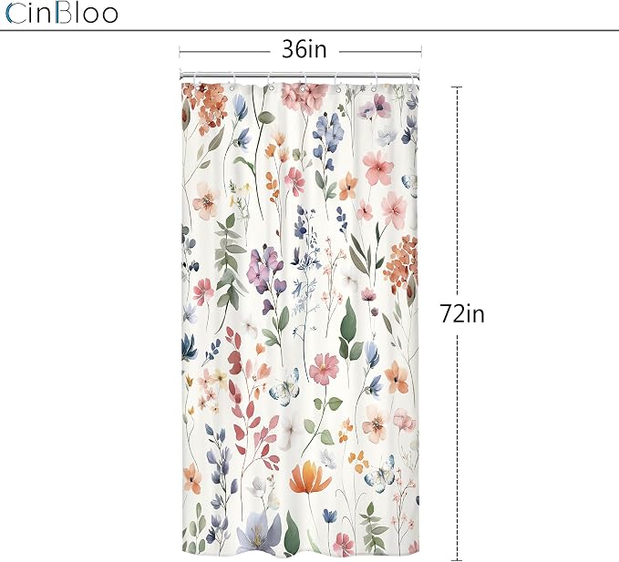 Small Stall Boho Pink Floral Colorful Natural Bathroom Shower Curtain Set | 36"W x 72"H Watercolor Butterfly; waterproof HD print, quick-dry fabric and plastic hooks for easy setup.