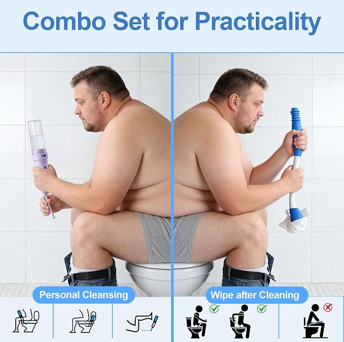 Electric Portable Bidet Toilet Aids Wiper Tool Set, Purple | 2-in-1 travel hygiene kit 15.7" extended length wiping tools 1600mAh Long-lasting Battery USB-C Rechargable IPX7 Waterproof