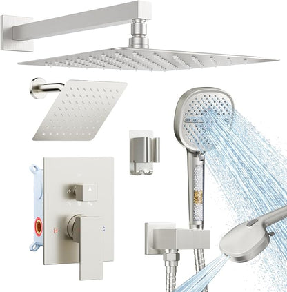 Shower System Brushed Nickel Shower Faucet Set, Dual Head Shower Set STARBATH 12'' +6'' Wall Mount Rainfall Shower Systems with Multifunctional Filtered Handheld Sprayer for Two Person