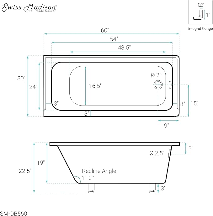 Swiss Madison Voltaire 60" x 30" Right-Hand Drain Alcove Bathtub