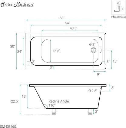 Swiss Madison Voltaire 60" x 30" Right-Hand Drain Alcove Bathtub