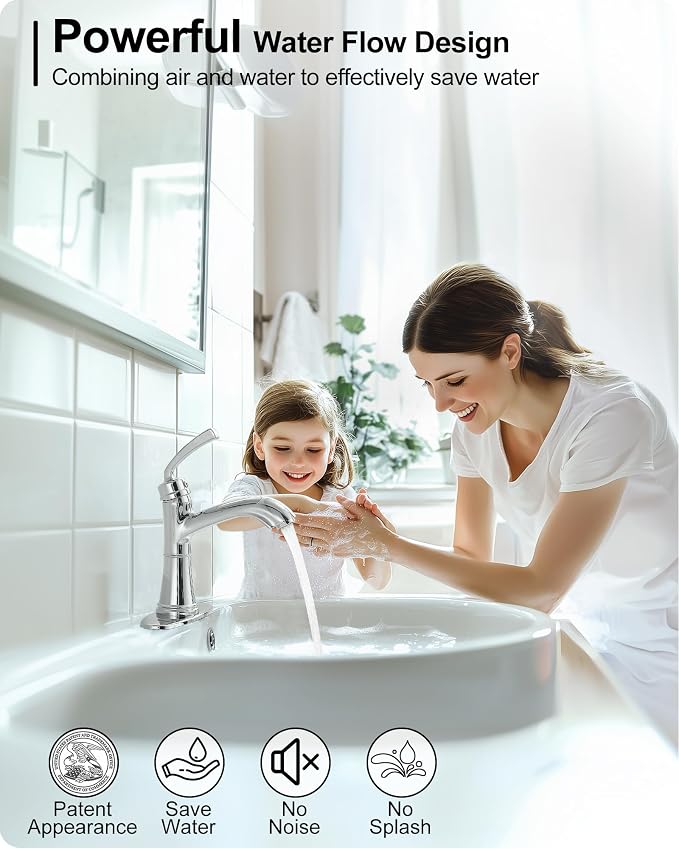 Brass Bathroom Sink Faucet Single Handle, Bath Sink Faucet, Chrome Bathroom Faucet 1 Hole or 3 Holes, Vanity Faucets 4 Inch with Pop-up Drain, Deck Plate, Pre-Installed Hose Save Water