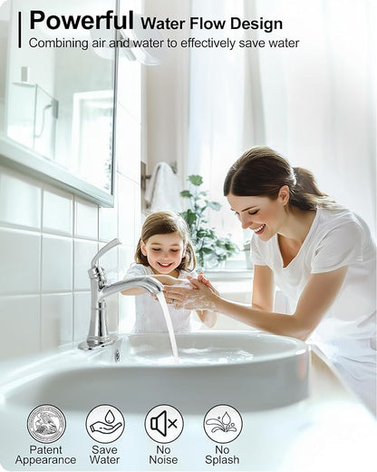 Brass Bathroom Sink Faucet Single Handle, Bath Sink Faucet, Chrome Bathroom Faucet 1 Hole or 3 Holes, Vanity Faucets 4 Inch with Pop-up Drain, Deck Plate, Pre-Installed Hose Save Water