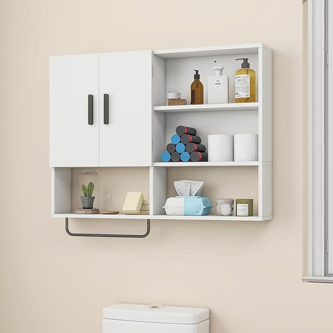 Bathroom Wall Cabinet, Medicine Cabinet with Towel Bar & 2 Doors, White