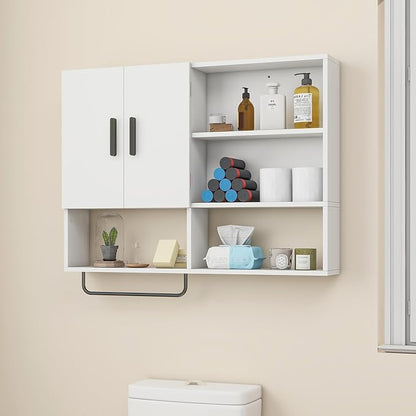 Bathroom Wall Cabinet, Medicine Cabinet with Towel Bar & 2 Doors, White