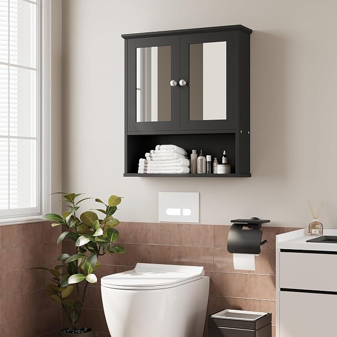 Bathroom Wall Cabinet with Mirror, Bathroom Mirror Cabinet Wall Mounted, Over Toilet Medicine Cabinets with Adjustable Shelf, Large Capacity, Black