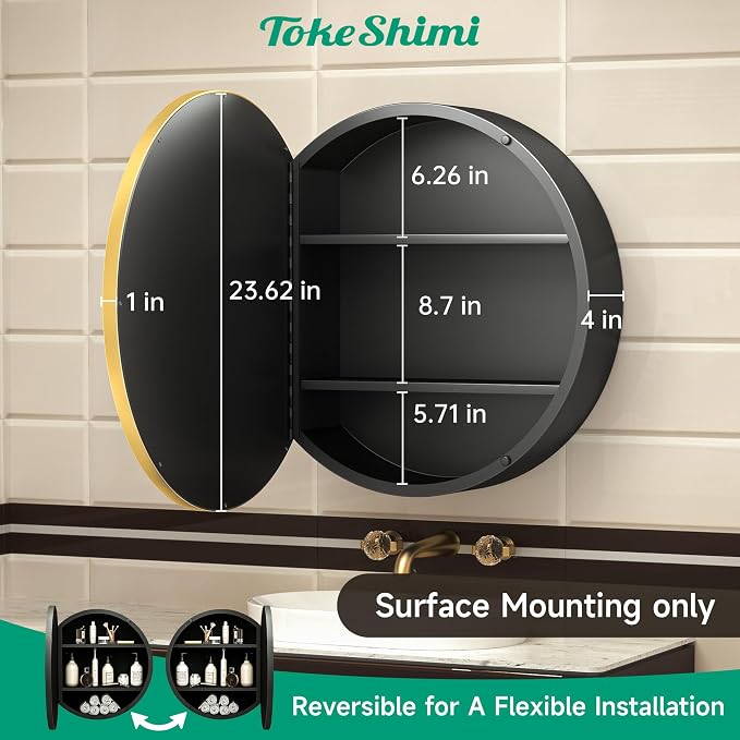 TokeShimi 24 Inch Round Bathroom Medicine Cabinet with Mirror Surface Mount Only Circular Gold Framed Farmhouse Medicine Cabinets for Wall Small Circle Mirrored Bath Cabinet with Vanity Mirror