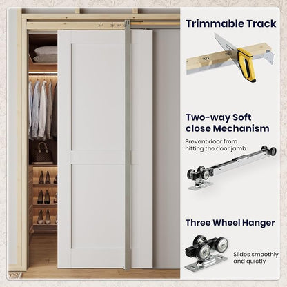 SMARTSTANDARD 30" x 80" Sliding Pocket Interior Door, Solid Core Door Slab | 2-Panel Pre-Assembled Door Slab with Soft Close Pocket Door Frame Kit, Easy Install, Durable and Smooth