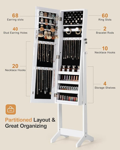 Nicetree Freestanding Jewelry Cabinet, Full Length Mirror, Moon White | Jewelry Armoire Organizer, Lockable Jewelry Storage Cabinet, Frameless Mirror, 3 Adjustable Angles,Gift Idea,Quick Assembly