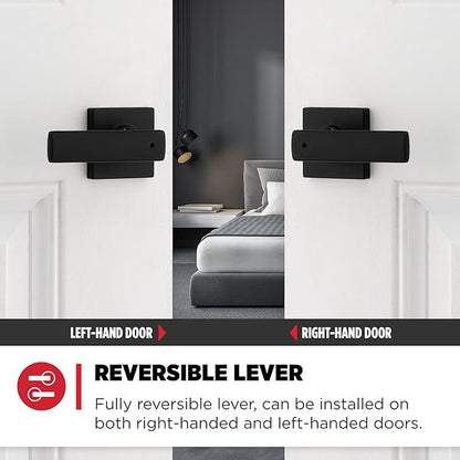 Kwikset Breton Interior Privacy Door Handle with Lock, Door Lever For Bathroom and Bedroom, Matte Black Reversible Keyless Turn Lock, with Microban Protection