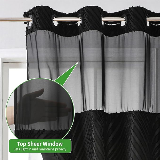 eachope no Hook Shower Curtain and Liner Set，Boho Style with See Through Top Window, Black Fabric Tufted Striped Textured Outer Curtain & Waterproof Inner Liner, DarkBlack, 71Wx86H
