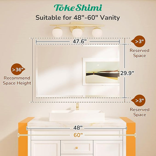 TokeShimi 48x30 Frameless Bathroom Mirror Rectangle, Tempered Beveled Mirror for Bathroom Vanity with 1" Beveled Edge, Shatterproof Modern Wall Mirrored for Living Room, Entryway, Restroom