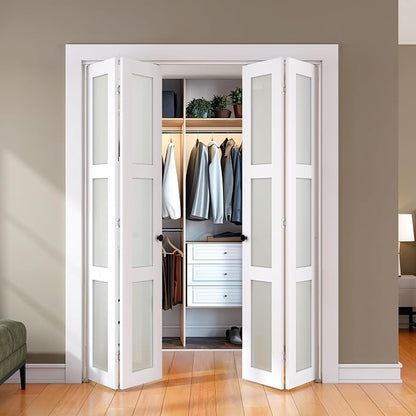 SMARTSTANDARD Bifold Door for 56" x 80-3/4" Opening, Tempered Frosted Glass | Closet Folding Doors with Hardware kit Included, White, Water-Proof PVC Surface, Easy Install, Space-Saving