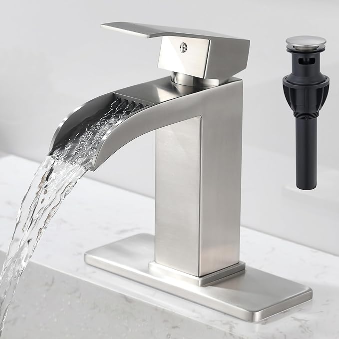Brushed Nickel Waterfall Bathroom Faucet - Single Handle Sink Faucets Bathroom 1 Hole or 3 Hole for 4In | Modern Solid Brass Vanity Faucet with Deck Plate & Overflow Pop Up Drain
