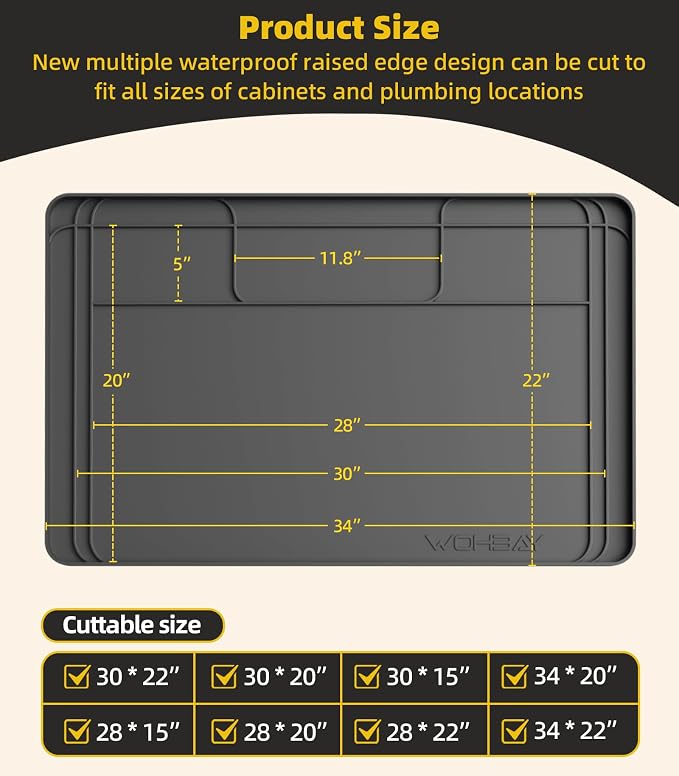 Under Sink Mats for Kitchen Waterproof 34"x22",Grey | Cut to Fit Design for Various Sizes, Leak-Proof Cabinet Protection,Durable Silicone Material,Versatile Home Use