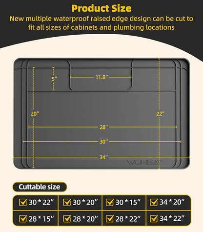 Under Sink Mats for Kitchen Waterproof 34"x22",Grey | Cut to Fit Design for Various Sizes, Leak-Proof Cabinet Protection,Durable Silicone Material,Versatile Home Use