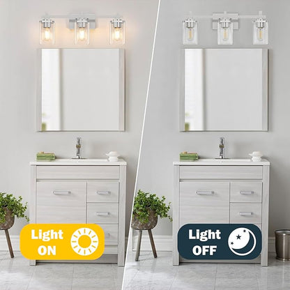 Brushed Nickel Bathroom Light Fixtures, 3-Lights Bathroom Vanity Light with Glass Shades, Modern Vanity Lights for Mirror, Wall Lights for Living Room, Hallway, Cabinet, E26 Base