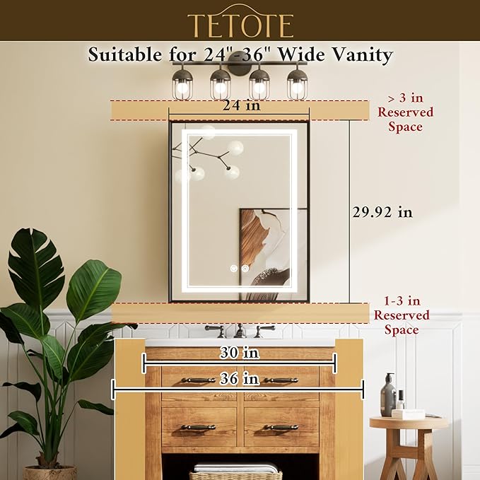 TETOTE 24 x 30 Black Led Lighted Medicine Cabinet Mirror with 3-Color Lights, Wall Mount or Recessed Cabinet Mirror for Bathroom with Storage, Tempered Glass, 2 Outlets, Anti-Fog, Adjustable Shelf