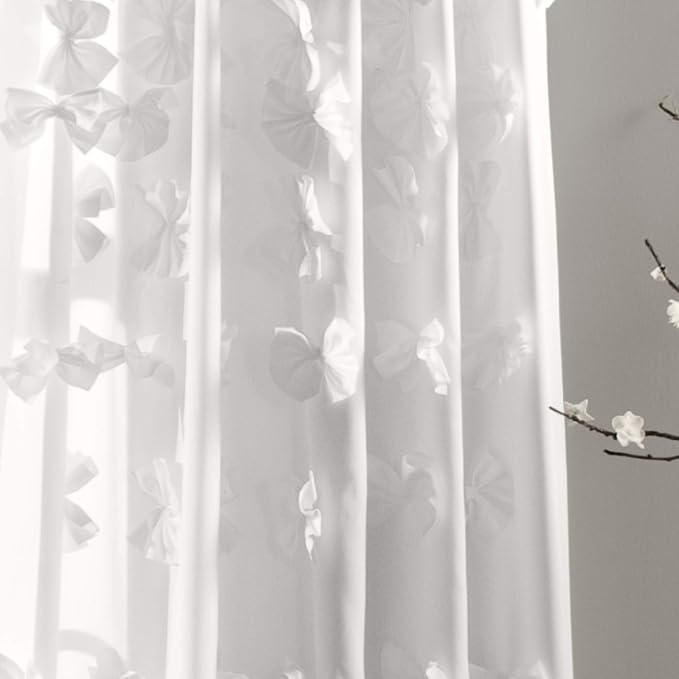 Lush Decor Riley Light Filtering Window Curtain Panel, Single 54" W x 84" L, White - Cute White Curtains for Bedroom - Bow Decor - Coquette Curtains for Windows (Pack of 4)