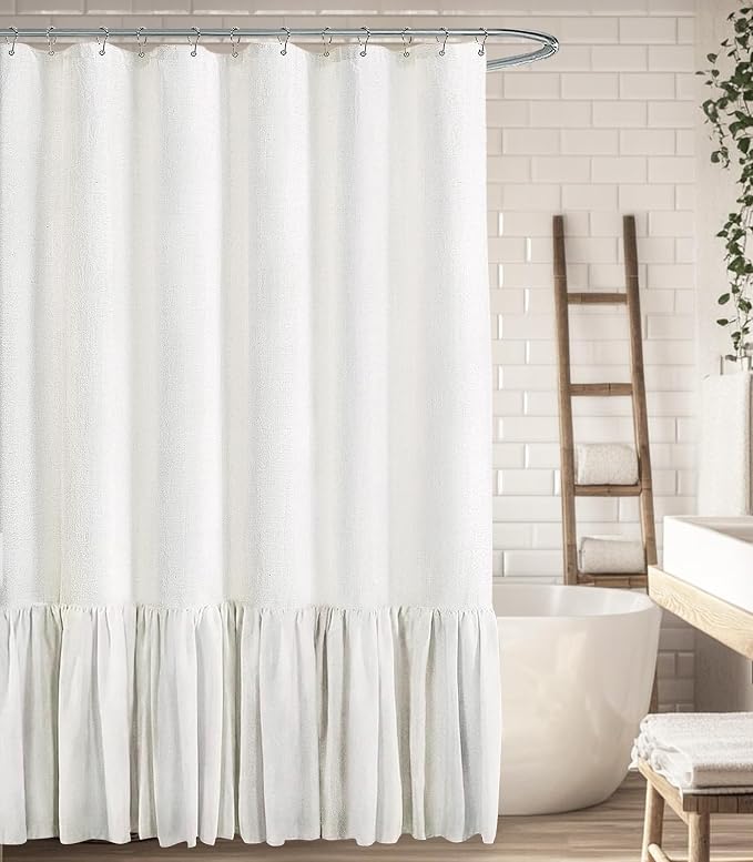 Farmhouse Shower Curtain Ruffle Linen White 72" W x 96" L | Farmhouse Boho, Bottom Ruffle, Cotton Fabric, Rustic, Country, Natural Look, Washable, Shower Curtain for Bathroom Bathtub