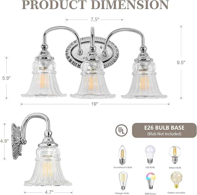 3-Light Vintage Bathroom Light Fixtures, Chrome | Vanity Lights Over Mirror with Floral Glass Shade for Bathroom Powder Room, Living Room Hallway