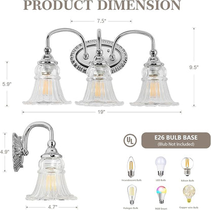 3-Light Vintage Bathroom Light Fixtures, Chrome | Vanity Lights Over Mirror with Floral Glass Shade for Bathroom Powder Room, Living Room Hallway
